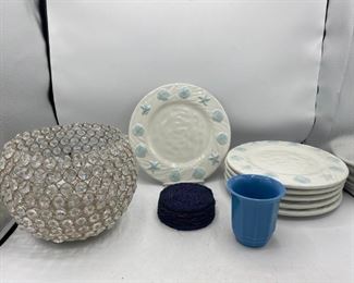 Set Of 6 Seashell Dishes Blue Coasters Pfaltzgraff Cup and Candleholder with Lots of Bling