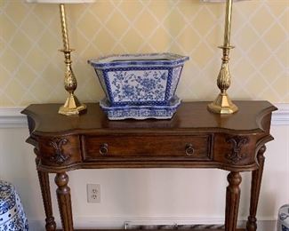 Hall Table with Brass Lamps and Blue/White Planter
