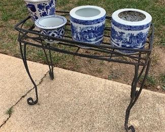 Metal Plant Stand with Blue/White Vases