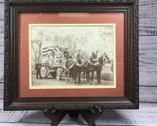 Framed Vintage Antique early 1900s Photograph Horse Drawn Parade Fire Department Carriage Cart