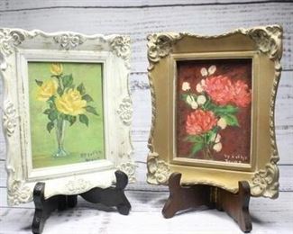 Two Vintage Small Floral Signed Acrylic Painting