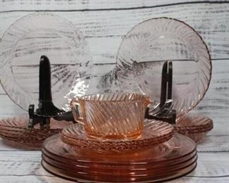Vintage Fortecrisa Translucent Pink Swirl Depression Glass Dishware Set
