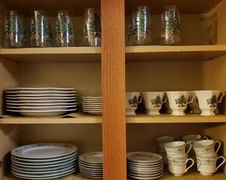 Bottom: Wade Fine Porcelain China "Diane" Japan Service for 8, Middle: Nikko "Christmastime" Dinnerware Service for 8 Top: Nikko Ice Tea Glasses