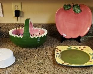 Fun Kitchen Serving Pieces USA Strawberry Bowl , Crate & Barrel Cheese Holder, Watermelon Basket, Sur la Table Red Casserole Dishes, Apple Plate