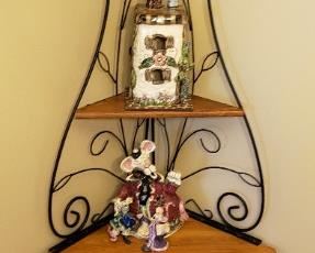 Corner Shelf Top: Blue Sky Clayworks Tulip Tea Light, Middle: BLue Sky "our Place" Bottom: Blue Sky Caroling Mice" all by Heather Goldmine