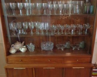 MCM China Cabinet and glassware, 64" high x 47" wide