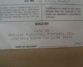 wing back chair label, made in NC