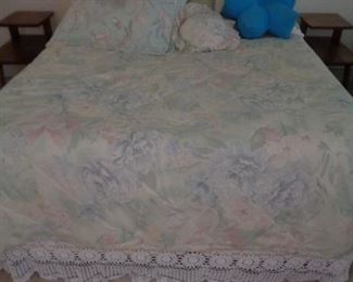 Queen pillow-top mattress and box spring, thick foam pad, bed linens