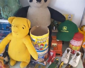 Yellow Bear, Large Black and Beige Bar, Antique. Tinker Toys, Vintage Tractors, Baby Shoes, John Deere Cap and More.