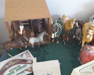 Wood Animal Stall, Collectible Breyer Horses, different colors. Wreathes, Stockings, Christmas Balls, All Vintage.
