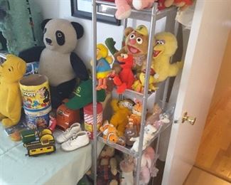 Large Collection of Vintage Stuffed Animals. Metal Tall Shelf with 5 Shelves. Other Toys.