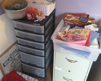 6 Drawers Plastic Portable Craft Containers, Crafts, Stickers and Stamps, 2 Drawer Metal File Cabinet. Fabric in Basket on Floor.