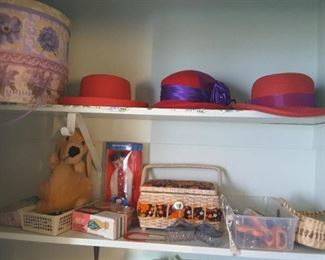 3 Red Hat Society Hats with Purple Satin Bows and Silk Bows, 2 Decorative Hat Boxes, Sewing Basket, Knick Knacks, Doll in Box, Yellow Vintage Dog.