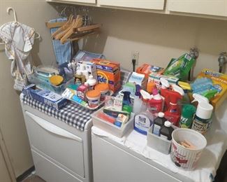 Collection of Laundry Cleaning Supplies and Household Supplies. The Appliances, Washer and Dryer are not For Sale.