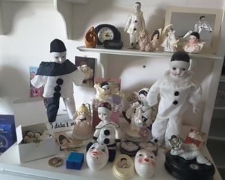 Sad Clown Black and White Harlequin Ceramic Dolls Collection, Small Boxes, Music Box and 2 Small Clocks (upper white half ledge shelf).