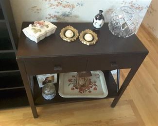 Entry Wood Shelf and Lower Flat Display Shelf, Decoratives, Glassware, Vase, Treasure Box with Flowers, Small Pictures, qty 2, Vintage Flower Metal Tray, Snow Globe, Metal Brown Lantern with a candle inside.