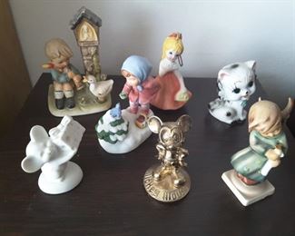 Collectible Statues, 2 Hummel Figurines, 2 Mickey Mouse Statues, Little Princess Girl, Girl with Blue Bird, White Kittie Cat.