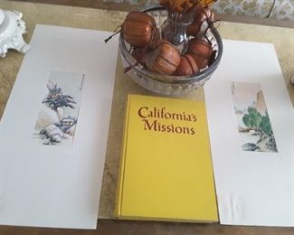 Japanese Watercolors, Glass Bowl with Fall Decorations, California's Mission Book.