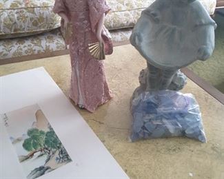 Pink Japanese Geisha Girl Ceramic, Garden Girl Statue, Blue Bag of Stones.