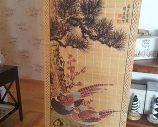 Bamboo Collectible Wall Hanging Scroll with Pheasants Couple in a Pine Tree. Depicts Longevity.