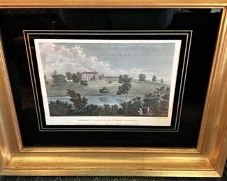 One of the four lithographs flanking the fireplace