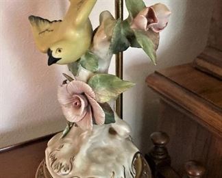 One of two elegant porcelain bird lamps