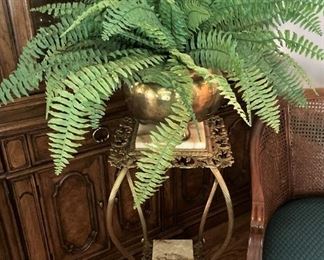 Brass and marble plant stand; brass container and fern