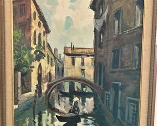 "Venice Canal" by Giordano Giovanetti (He was born in 1906 in Ancona---northeast of Rome--- and died in Rome in 1973.) This art is from the Warwick Hotel in Houston.