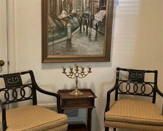 Very fine pair of chairs; small side table