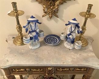 Asian figurines; brass candlesticks