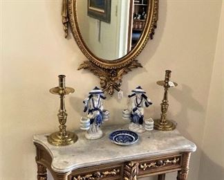 Formal entry table and mirror; needlepoint foot stool