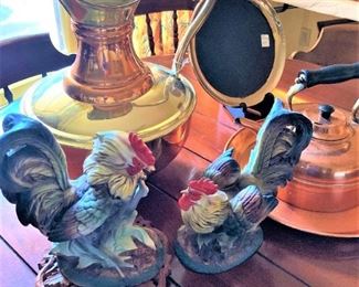 Roosters; pitcher; copper tea kettle