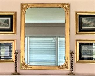 Large gold mirror and coordinating framed lithographs