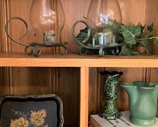 Candles holders; tole tray; pottery