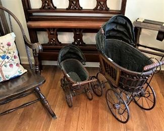 Windsor rocker; twin headboards & footboards; antique doll buggies; luggage racks