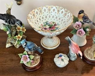 Porcelain birds;  lovely reticulated compote