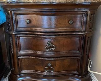 3 Drawer Walnut Night Stand with Marble Top. 
Measures approximately  30" H x 32" W x 18 " D
