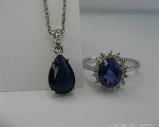 Imitation Sapphire and CZ Necklace and Ring in Sterling Silver