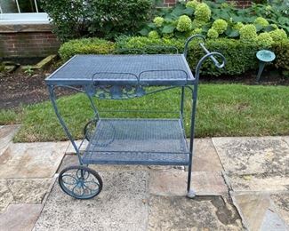 Woodard wrought iron bar cart                                                       30"h x 32" long x 19"d    one rear wheel as is