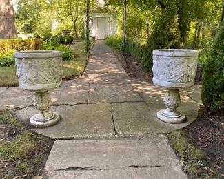 Was $350.00 Now $175.00  Pr. vintage cast stone planters by Tuscany Studio     26 1/2"h x 15 1/2"w      (see photos for condition)