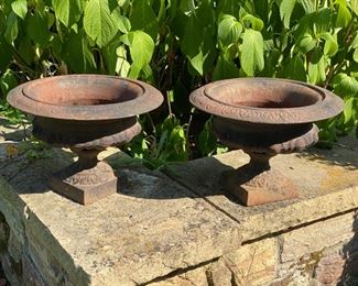  Pair cast iron urns 9"h x 12" diameter