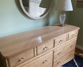 Round mirror (31") with mother-of-pearl frame $150 and 6-drawer dresser (31" x 61"x 21") $150,  Waterford lamp $250