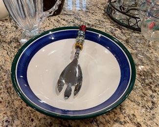 Large green and blue-rimmed serving bowl and serving fork $20