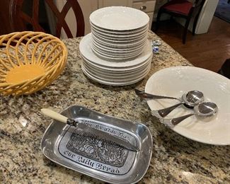 Armetal bread plate $10, bread knife $5, Gibson white everyday china:  9 dinner plates, 12 salad, 1 bowl (set) $50, 3-piece service flateware $10, yellow ceramic bread basket $20