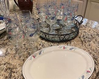 Lenox platters - 2 available $20 each, Lenox wine glasses set of 15 $75, iron and glass handled tray $10
