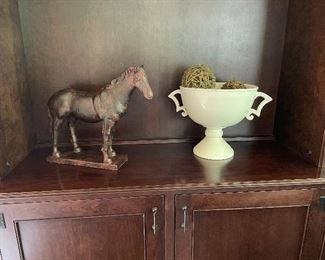 Decor:  white ceramic urn with faux green decor $75; horse - SOLD