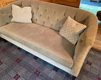 Loveseat - single cushion - taupe with pillows by Sherrill (33 x 70 x 27) $700 and custom rug by Stark ((12'4" x 9'5") $600
