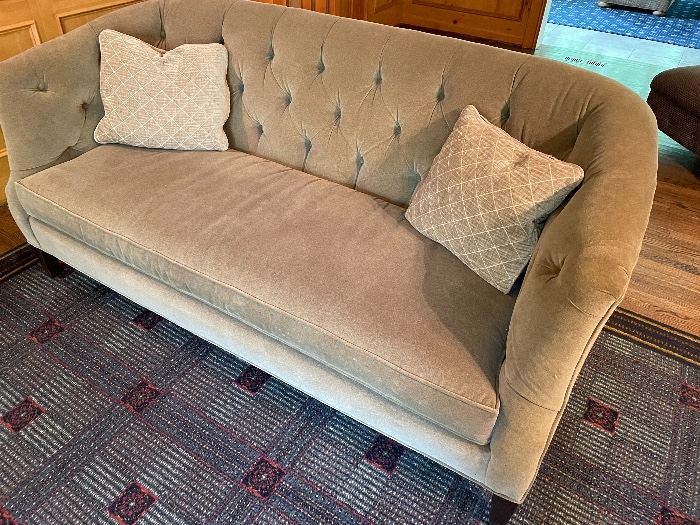 Loveseat - single cushion - taupe with pillows by Sherrill (33 x 70 x 27) $700 and custom rug by Stark ((12'4" x 9'5") $600