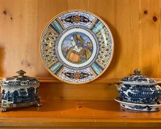 Blue and white porcelain covered dishes $20 (right) $40 (left), ceramic plate with holder $20