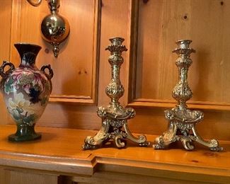 Porcelain china vase $40, large burnished gold candleholders (set) $60